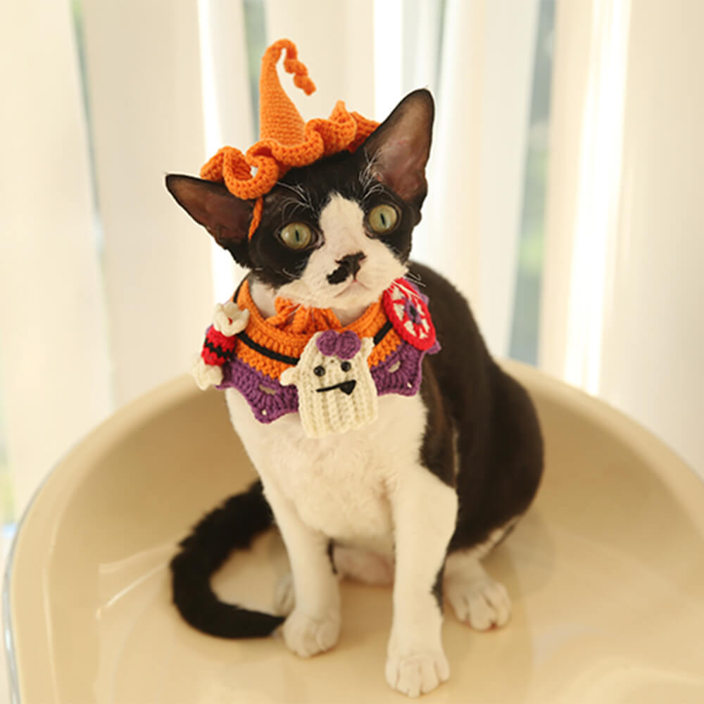 Costume d'Halloween pour animaux de compagnie, collier de citrouille tricoté à la main et chapeau de sorcière