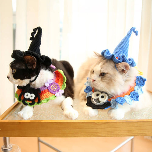 Costume d'Halloween pour animaux de compagnie, collier de citrouille tricoté à la main et chapeau de sorcière
