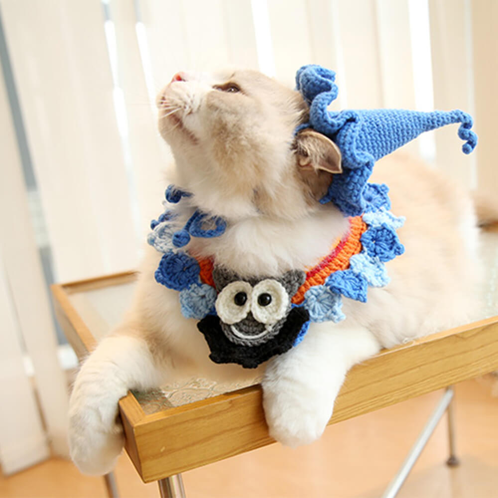 Costume d'Halloween pour animaux de compagnie, collier de citrouille tricoté à la main et chapeau de sorcière