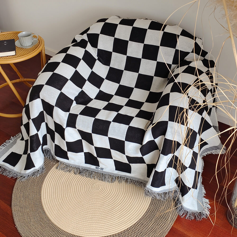 Couverture de canapé à franges en damier, blocs de couleurs