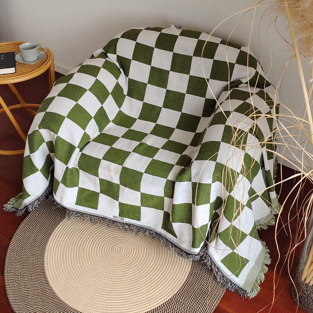 Couverture de canapé à franges en damier, blocs de couleurs