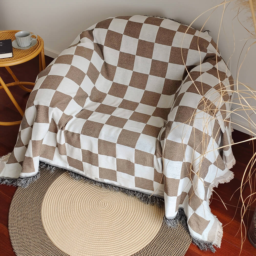 Couverture de canapé à franges en damier, blocs de couleurs