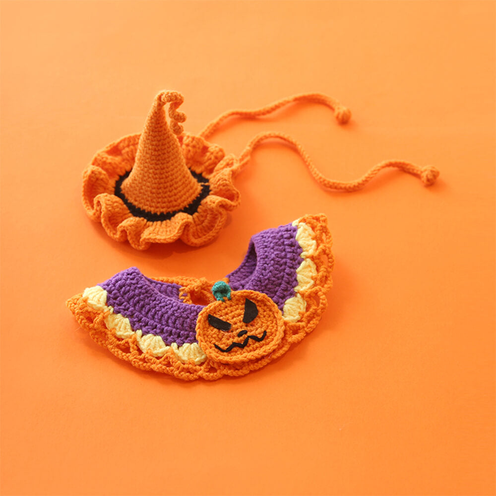 Costume d'Halloween pour animaux de compagnie, collier de citrouille tricoté à la main et chapeau de sorcière