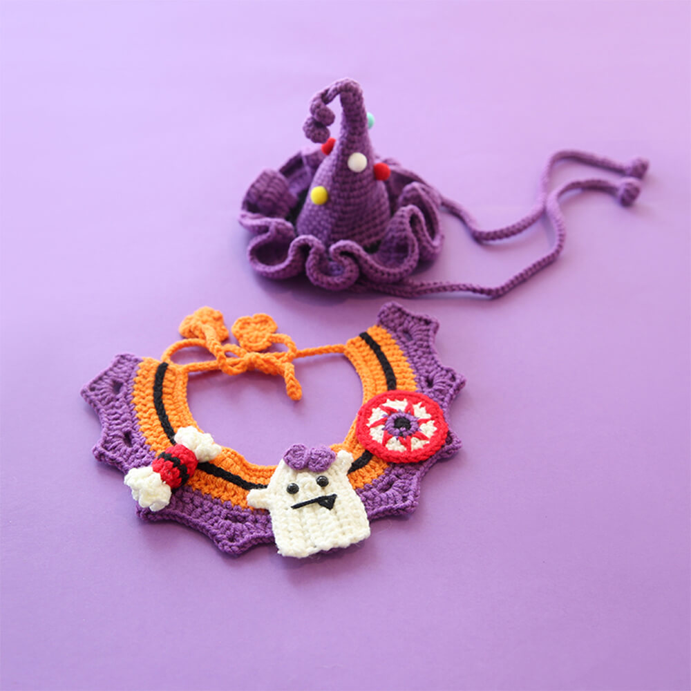 Costume d'Halloween pour animaux de compagnie, collier de citrouille tricoté à la main et chapeau de sorcière