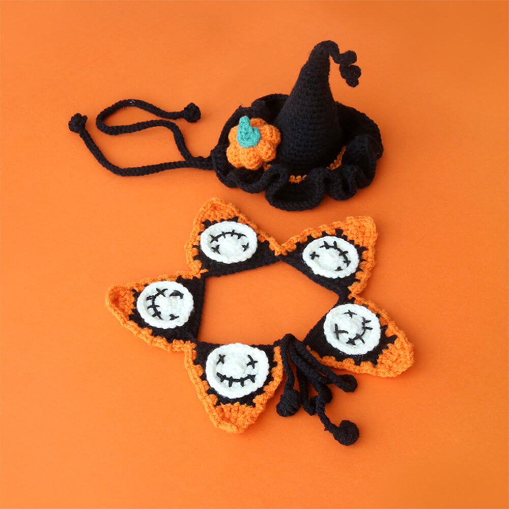 Costume d'Halloween pour animaux de compagnie, collier de citrouille tricoté à la main et chapeau de sorcière
