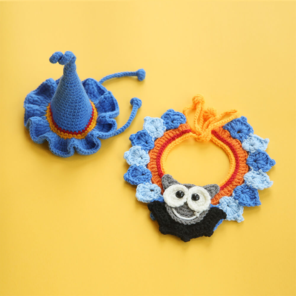 Costume d'Halloween pour animaux de compagnie, collier de citrouille tricoté à la main et chapeau de sorcière