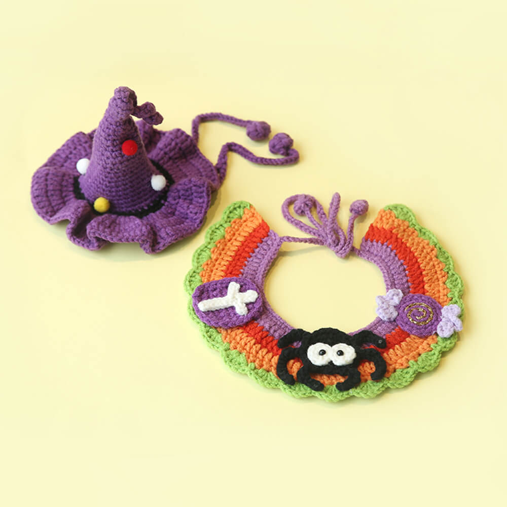 Costume d'Halloween pour animaux de compagnie, collier de citrouille tricoté à la main et chapeau de sorcière